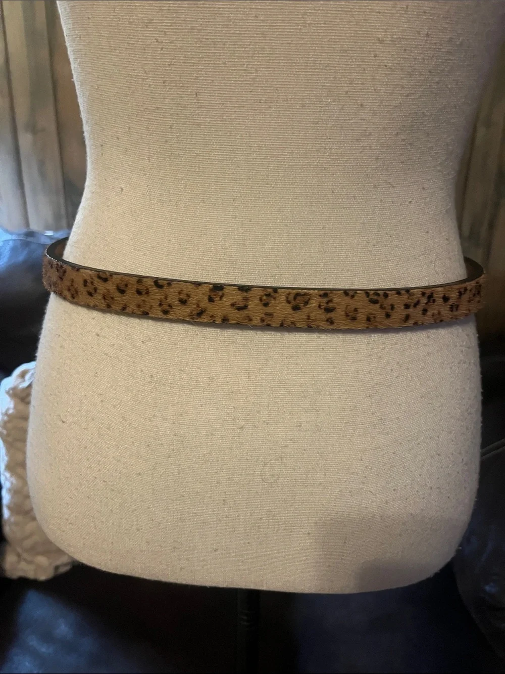Leopard Print Calf-Hair Leather Skinny Belt with Brass Buckle